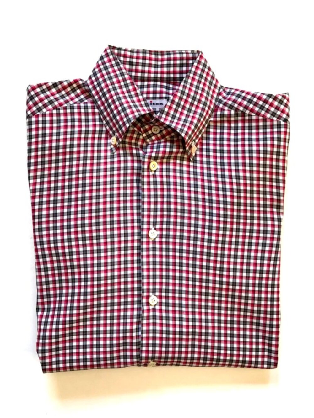 KITON Gingham Button Down Sport Shirt Mens 40 15 3/4 Red White Check Cotton $795